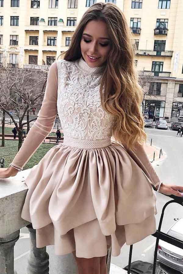 A-Line High Neck Long sleeves Homecoming Dress with Appliques Sleeves –  Pgmdress