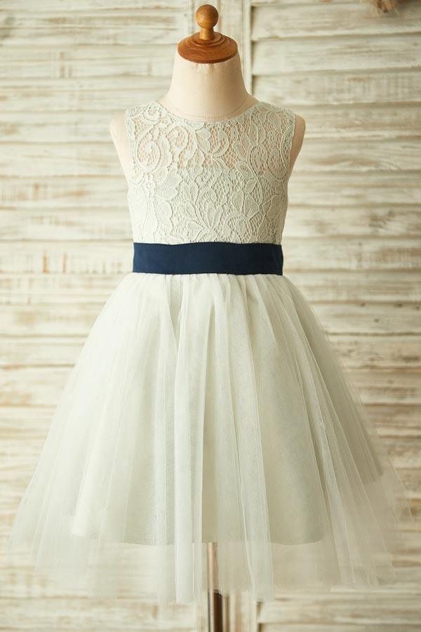 A-Line Jewel Knee-Length Open Back Light Grey Tulle Flower Girl Dress ...
