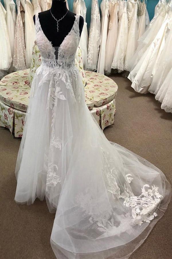 Lace Bodice V Neck Bridal Dresses White Backless A Line Wedding