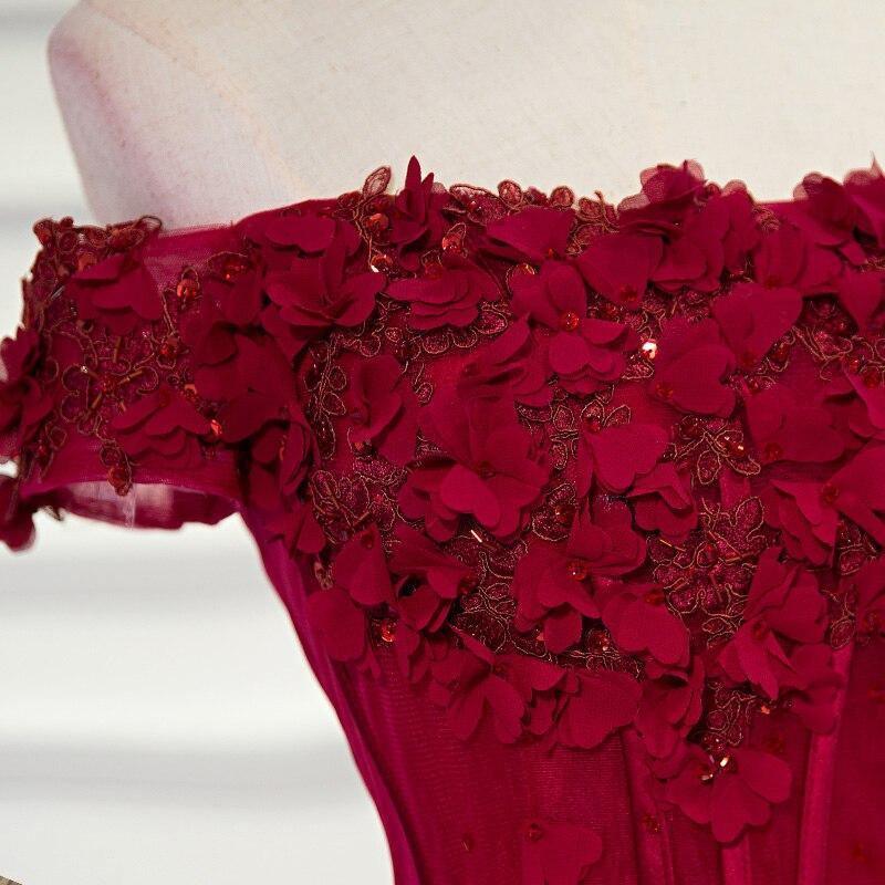 A-line Off The Shoulder Burgundy Hand-Made Flower Prom Dress – Pgmdress