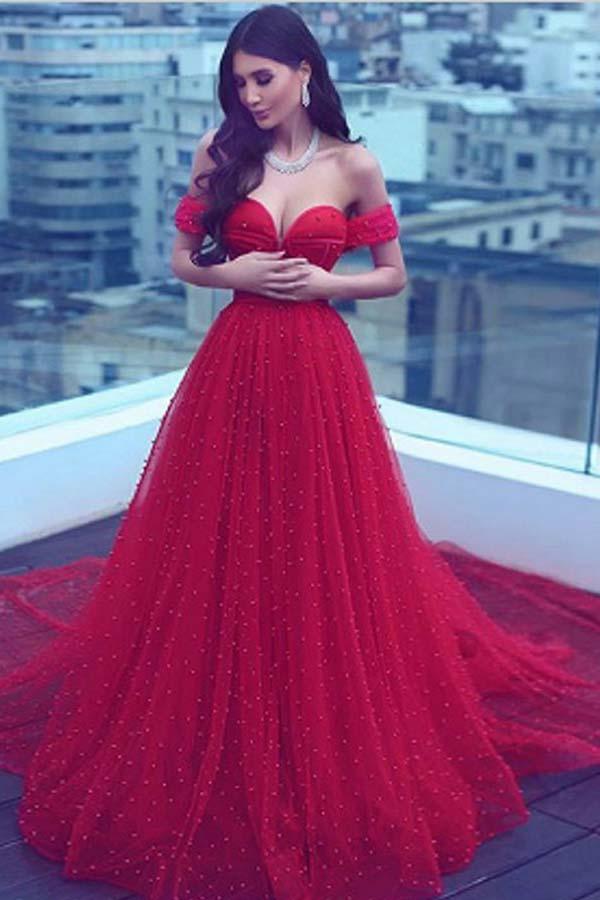 Ball Gown Sweetheart Sweep Train Dark Red Tulle Prom Dress – Pgmdress