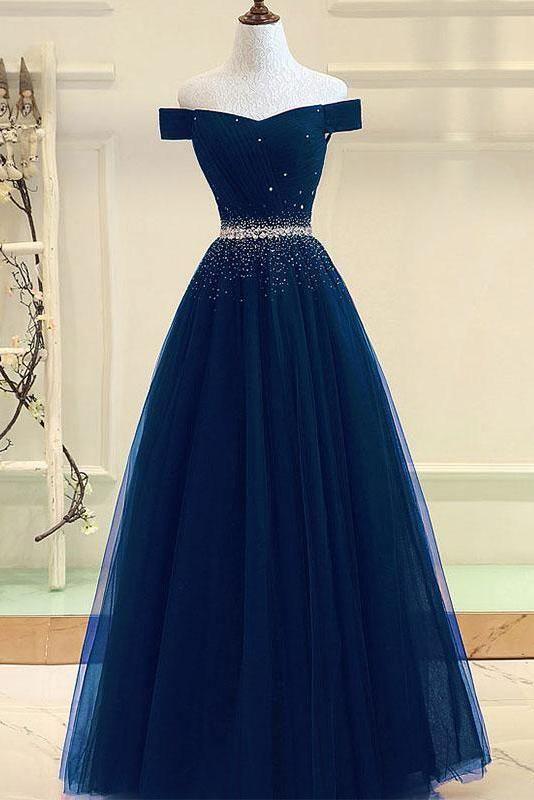 Navy blue vintage off the shoulder prom dresses ball gown with pockets -  ShopperBoard