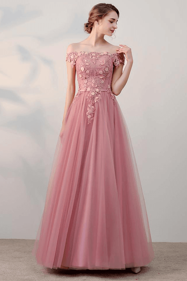 pgmdress A-Line V Neck Pink Tulle Prom Dress Evening Dresses with Lace Applique US4 / Pink