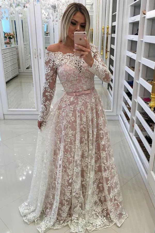 Off-the-Shoulder High Low Pink Long Sleeves Lace Prom Dress – Pgmdress