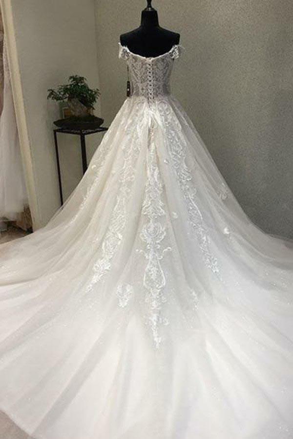 A-Line Off-the-Shoulder Short Sleeves Wedding Dress with Appliques ...