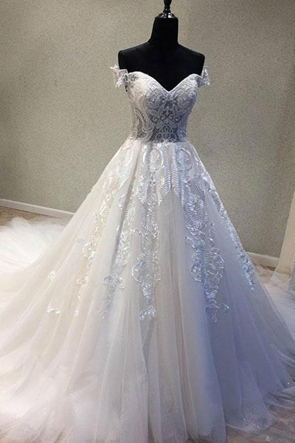 A-Line Off-the-Shoulder Short Sleeves Wedding Dress with Appliques