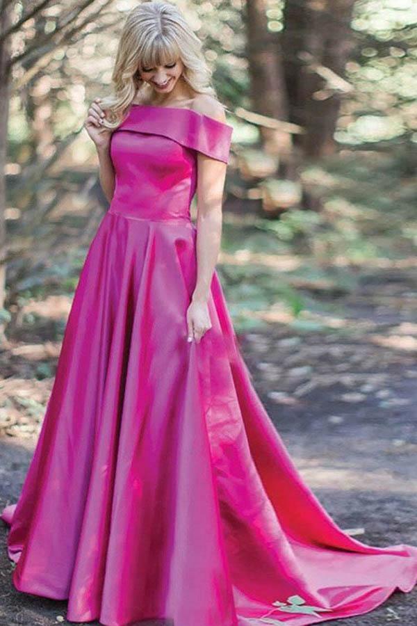 A Line Off the Shoulder Satin Pink Split Prom Dresses Formal Dresses –  Pgmdress