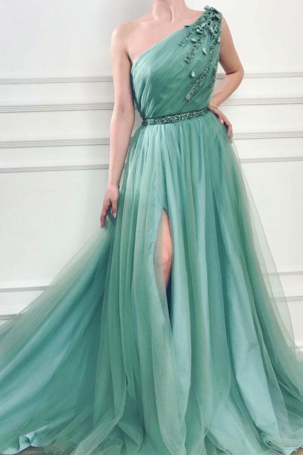 A-line One Shoulder Jungle Tulle Split Prom/Formal Dresses With Beading ...
