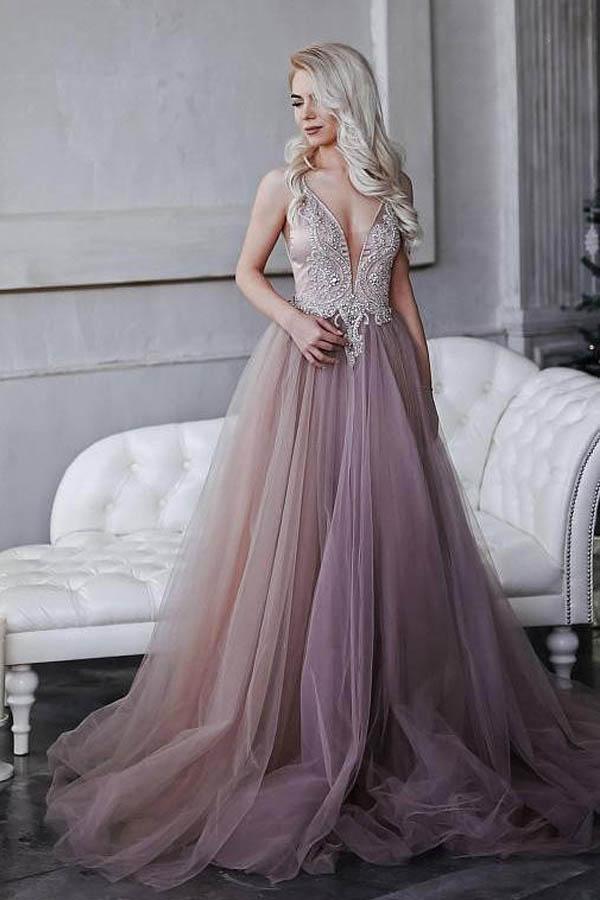 Chic A-line Spaghetti Straps Unique Long Prom Dresses Pink Evening