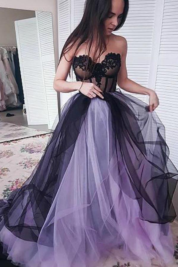 pgmdress A-Line Purple Black Tulle Sweetheart Appliques Beading Prom Dress US2 / As Picture