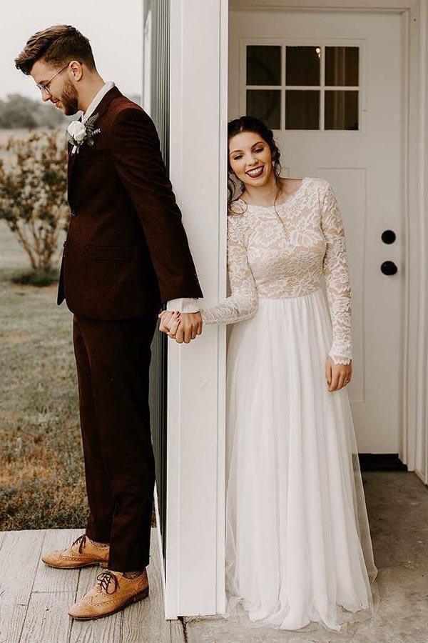 Scoop Neck Short Sleeve A-Line Lace Court Train Wedding Dress – Pgmdress