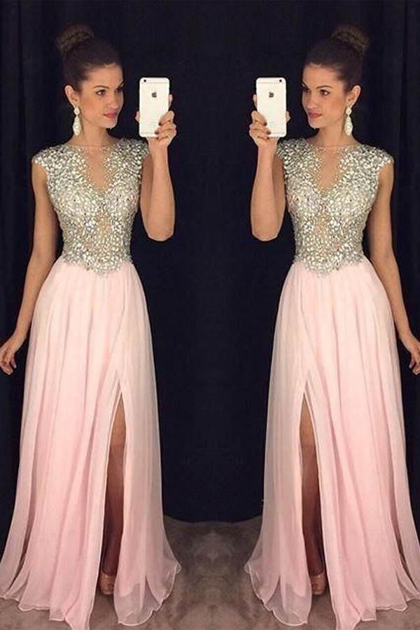 Peach Lace Chiffon Halter A-line Elegant Prom Dresses.PD00253