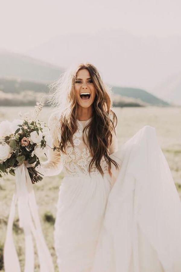 Scoop Long Sleeve Chiffon Wedding Dresses Backless Ivory Bridal