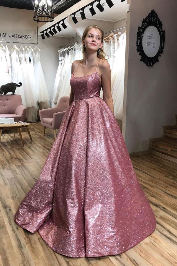 A-line Scoop Pink Satin Applique Modest Prom Dress Evening Dress