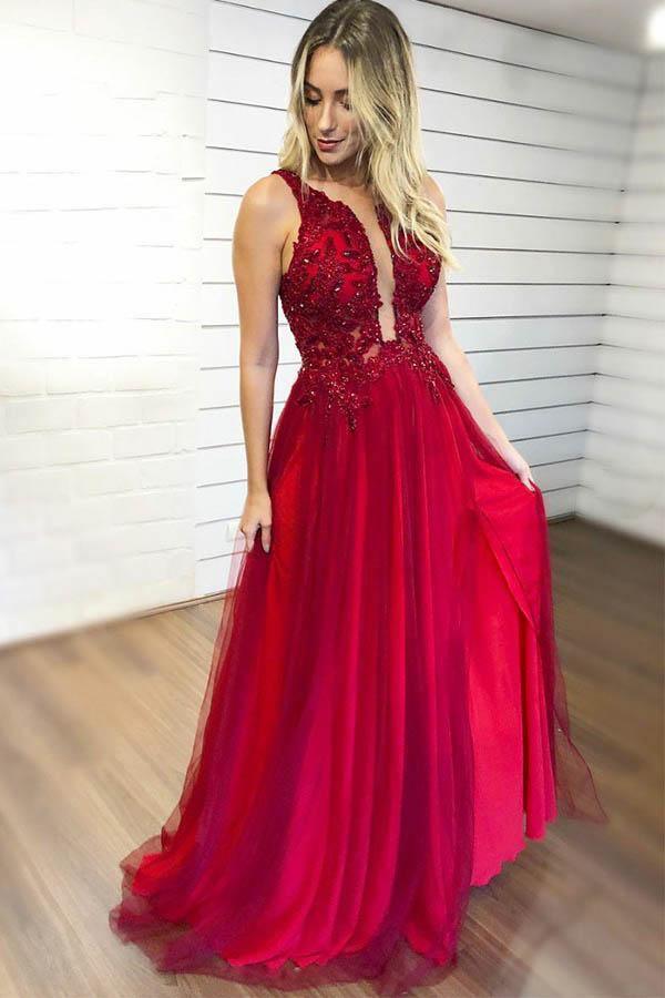 Chic V-neck Prom Dress In Bling Burgundy Red Tulle with Straps - $145.992  #V78017 