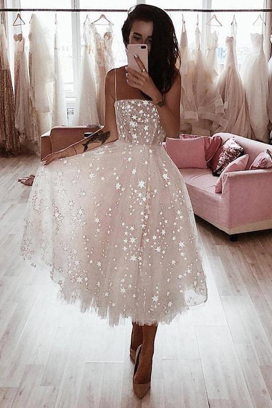 pgmdress Spaghetti Strap Tea Length Pearl Pink Homecoming Dress with Beading Custom Size / As Picture