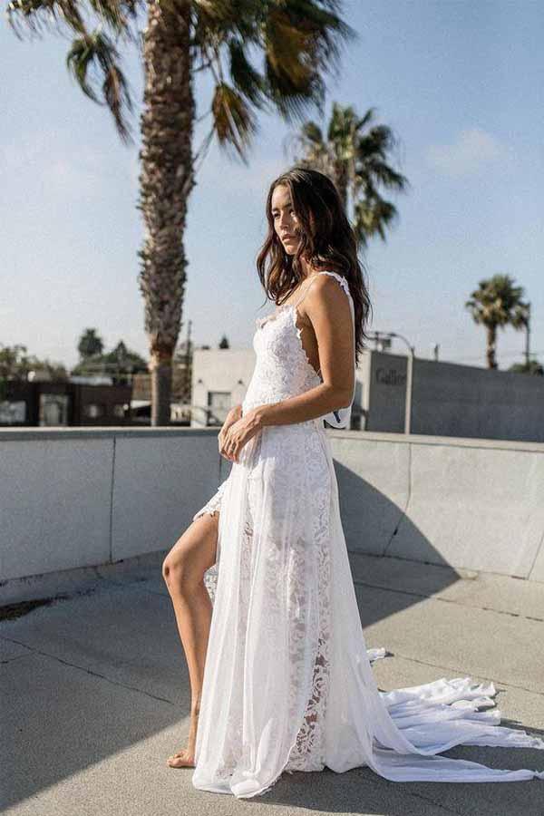 Simple A-line Spaghetti Straps Beach Chiffon Wedding Dresses with Lace –  Pgmdress