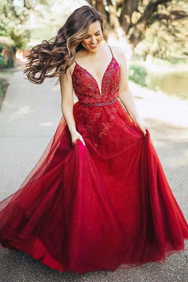 A Line Spaghetti Straps Sparkly 2024 Red Tulle Prom Dresses – MyChicDress