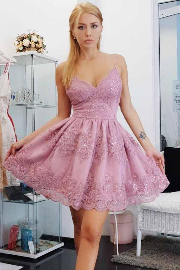 Pink Tight Homecoming Dresses Spaghetti Straps Mini Party Dresses – Pgmdress