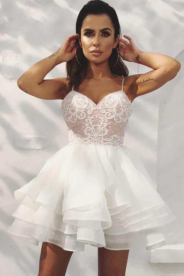 A-Line Spaghetti Straps Tiered White Homecoming Dress with Appliques ...