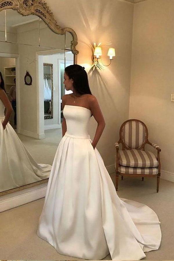 A-line Strapless Open Back Satin Wedding Dress with Pockets – Pgmdress