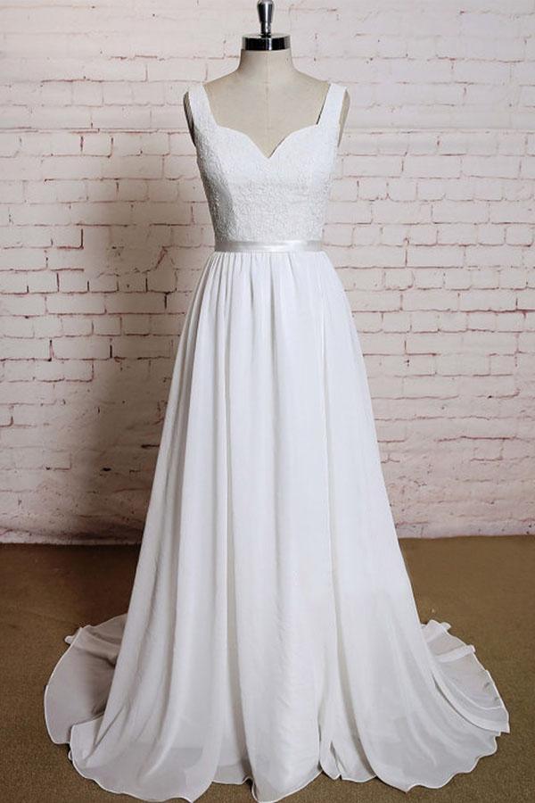 A-line Straps Court Train Chiffon Appliques Backless Wedding Dresses ...