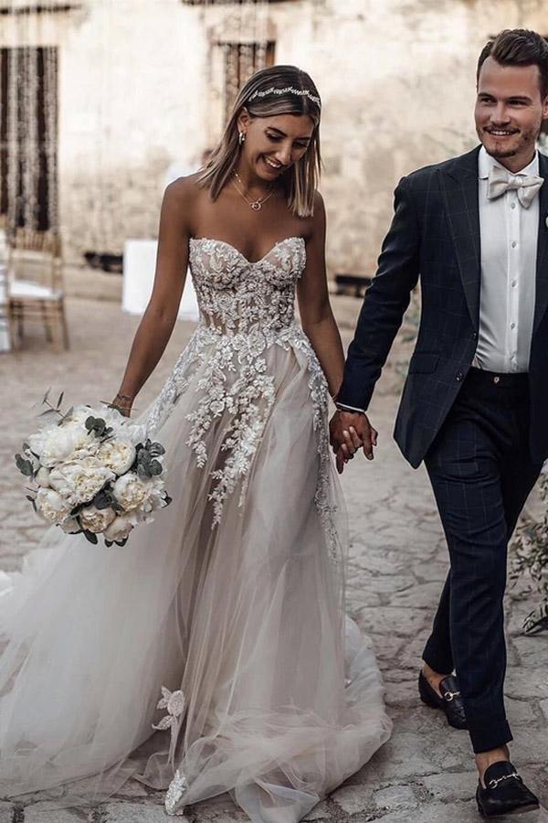 Red Lace Wedding Dress with Ivory Tulle, Strapless Sweetheart