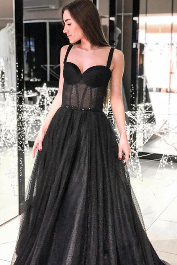 Keily Black A-line Spaghetti Straps Glitter Tulle Prom Dress with Slit