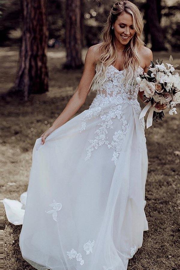 Tulle A Line Sweetheart Long Wedding Dresses With Lace Appliques PW253
