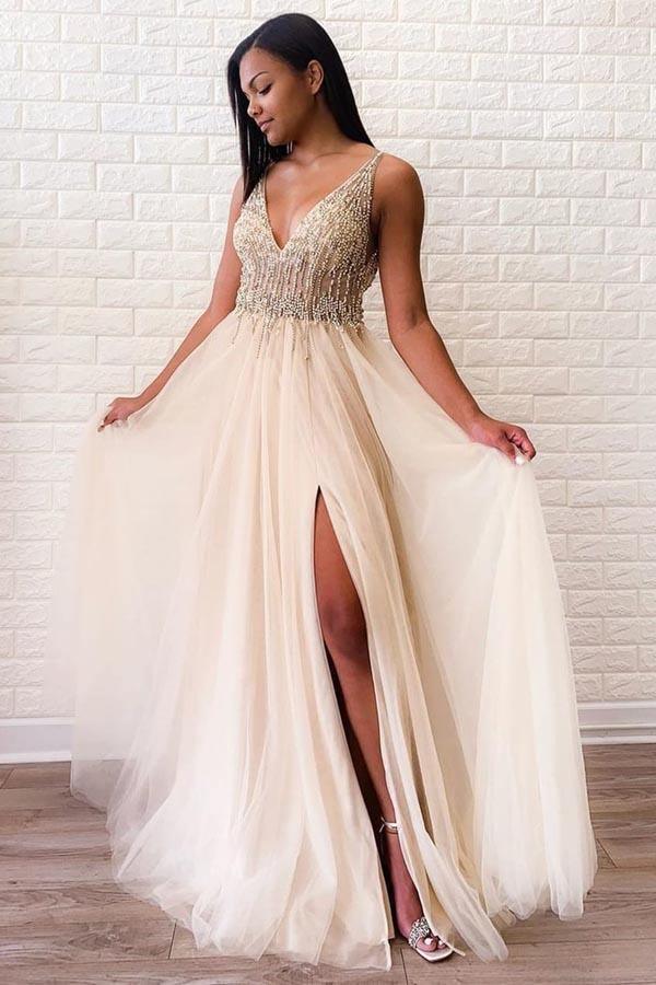 A-line Tulle Sexy Deep V Neck Side-Slit Beaded Long Prom Evening Dress –  Pgmdress