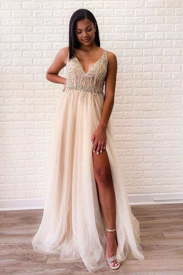 A-line Tulle Sexy Deep V Neck Side-Slit Beaded Long Prom Evening