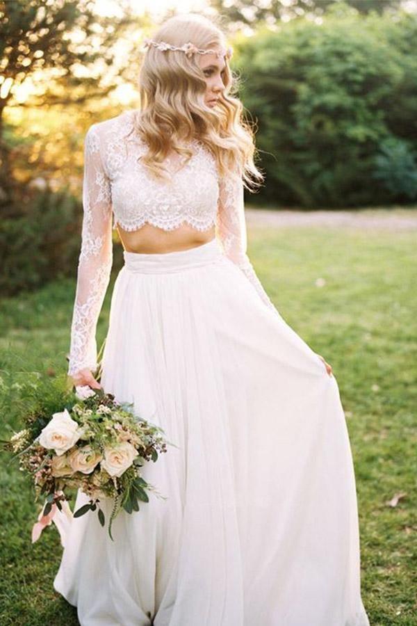 A Line Two Piece Round Neck Long Sleeves Lace Beach Wedding