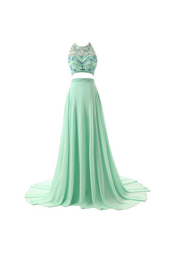 A-line Two Pieces Chiffon Beading Prom Dresses Evening Dresses – Pgmdress