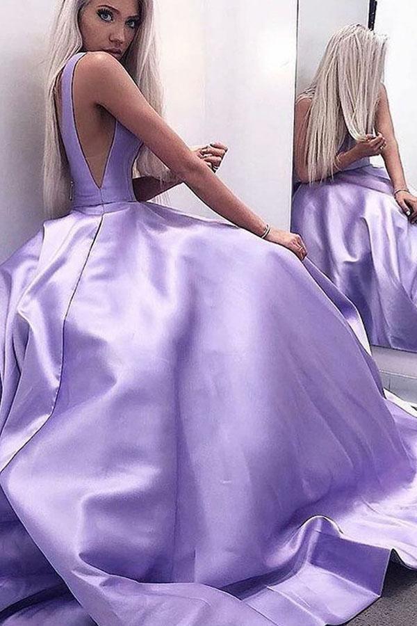 Satin Backless Dress With Built-in Bra and Deep V-neck / Purple Formal Long  Prom Dress / Open Back Wedding Party Dress / A-line Evening Gown -   Canada