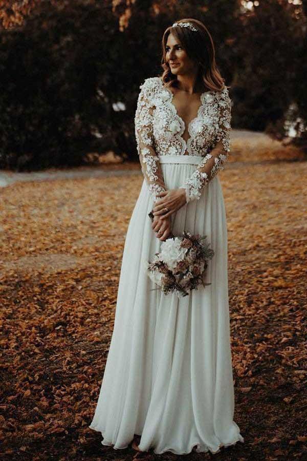  A-Line V-Neck Floor Length Chiffon Wedding Dress with Appliques Flowers-Pgmdress