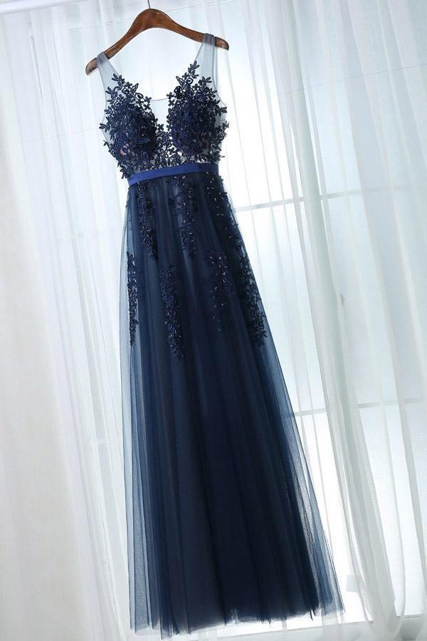 Royal Blue Tulle A-Line V-Neck Long Prom Dresses PL463 | Promnova US0 / As Picture