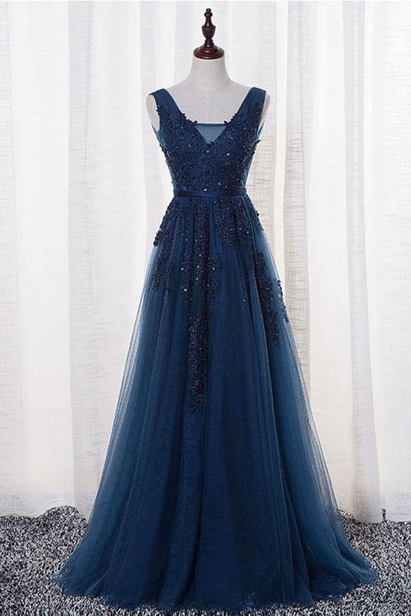 A-line Navy Blue Tulle Lace Long Prom Dress Evening Dress – Pgmdress