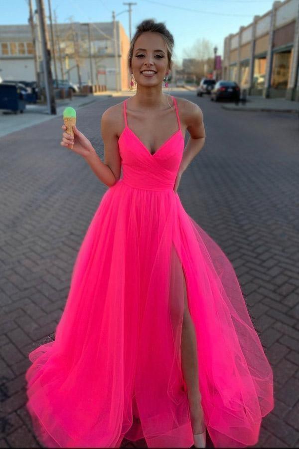 A Line V Neck Hot Pink Tulle Prom Dresses Formal Dresses Pgmdress 7221