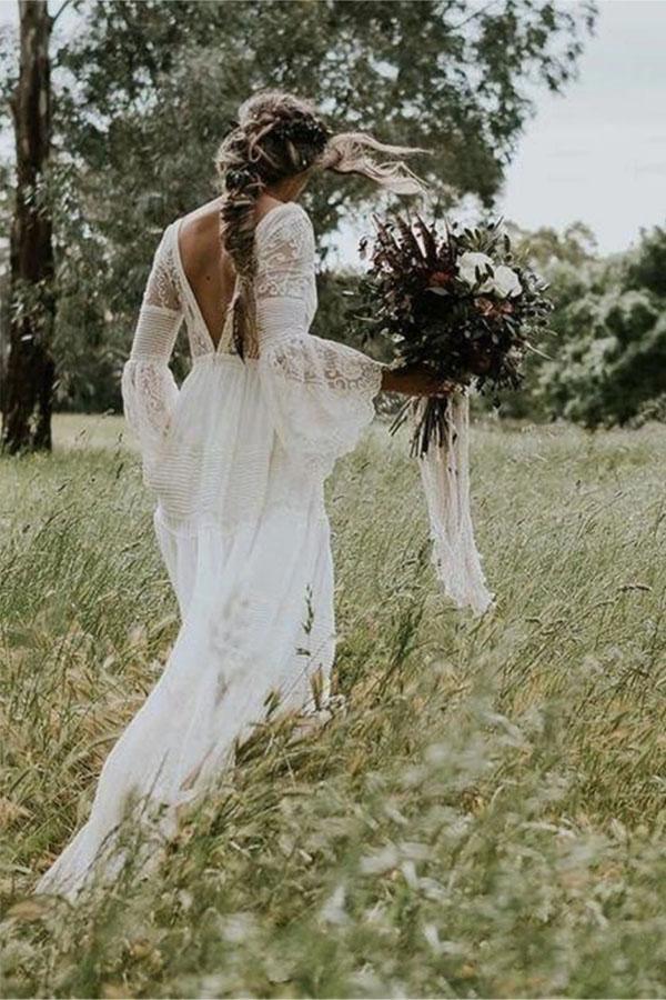 Bohemian Chiffon Backless V-neck A-line Cap Sleeve Beach Bridal Dress  Wedding Gown 