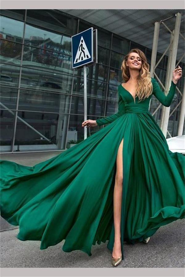 A Line V Neck Long Sleeves Green/Black/Royal Blue Long Prom