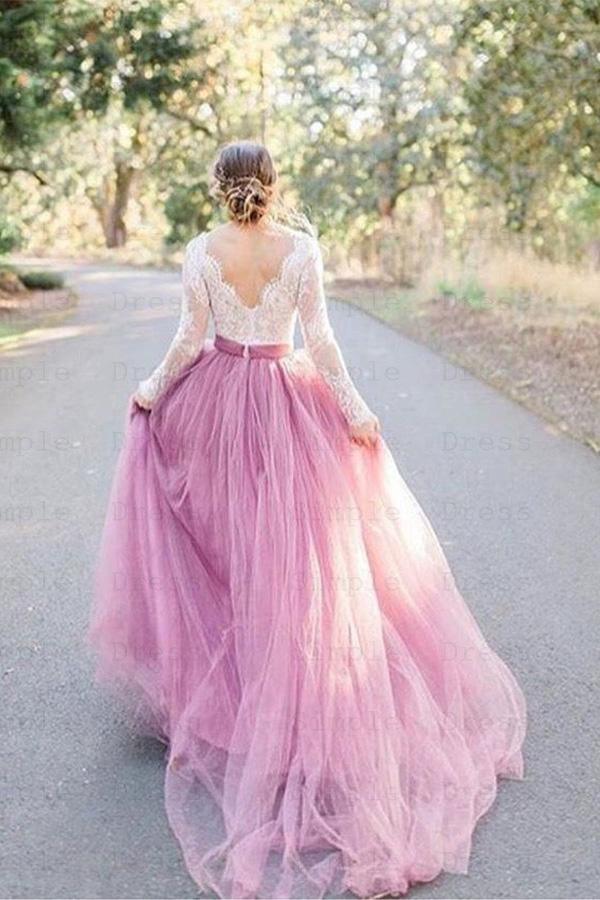 A Line V Neck Long Sleeves Pink Tulle Wedding Dress With Lace Applique Pgmdress 