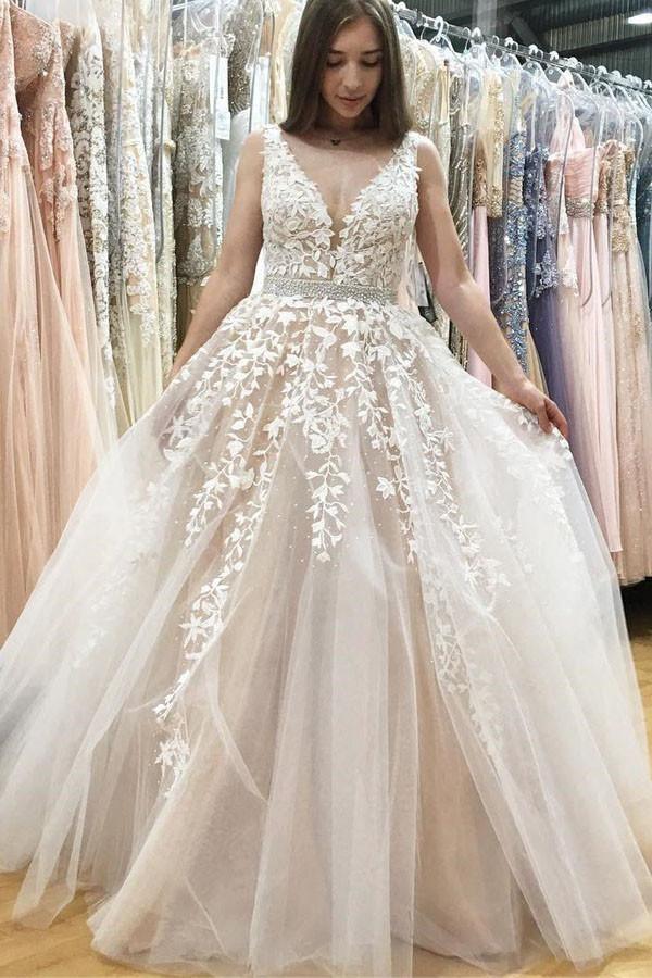 Gorgeous A-line Lace V-neck Tulle Long Wedding Dress with Appliques,MW289