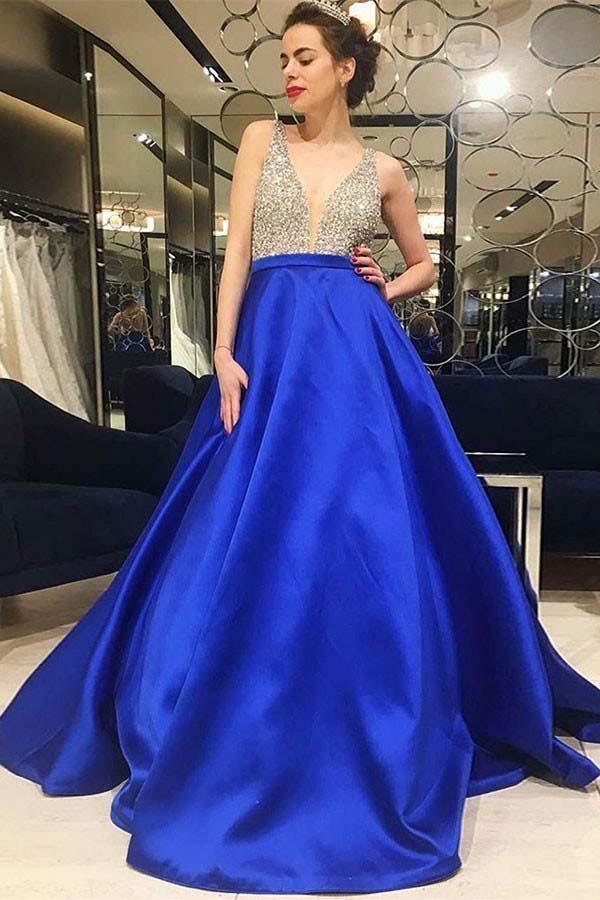 V-neck Royal Blue Satin Beading Prom Dresses With Sweep Train – Pgmdress