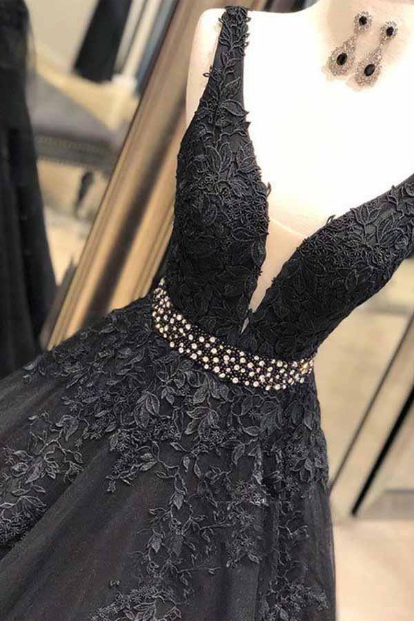 Black Sequin Open Back Plunging V Neck Prom Dress - Promfy