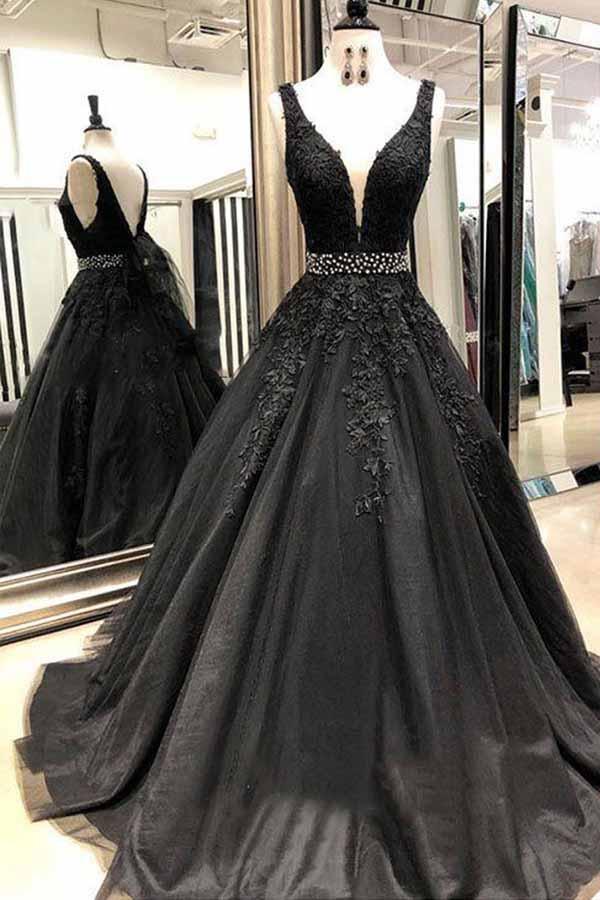 Shiny Sequins A Line V Neck Open Back Black Long Prom Dress