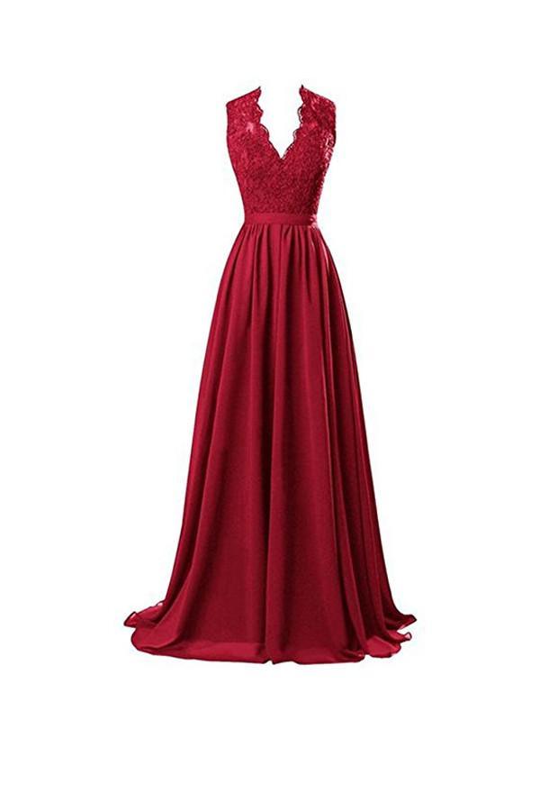 V Neck Open Back Chiffon Long Evening Gown with Lace – Pgmdress