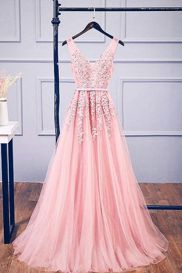 Vampal A Line Pink V Neck Cap Sleeve Beading Applique Tulle Prom Dress