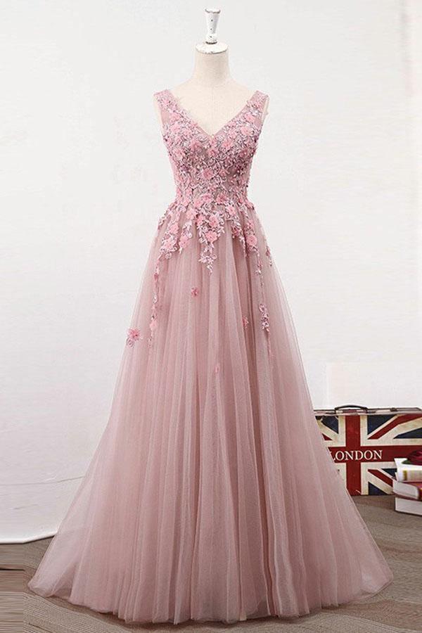 Light pink lace applique tulle long prom dress, Pink lace applique for –  morievent