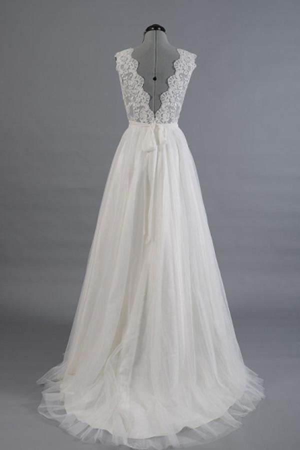 A-line Floral Applique Beach Wedding Dresses Backless Wedding Gown WD467