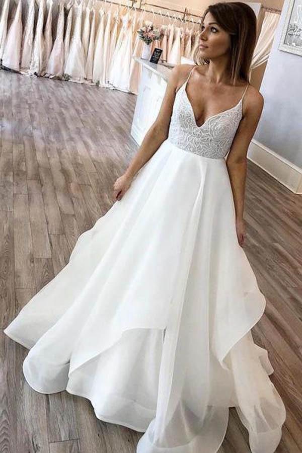 Black Floral A-line Wedding Dress With V-neckline And Spaghetti
